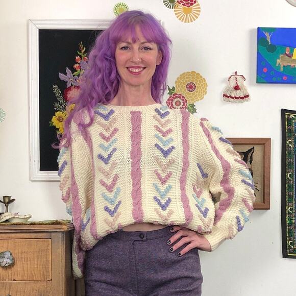 Vintage Pastel Cable Knit Sweater, 1980s Chunky Wool Cream & Pastel Chevron, XL - Picture 1 of 10